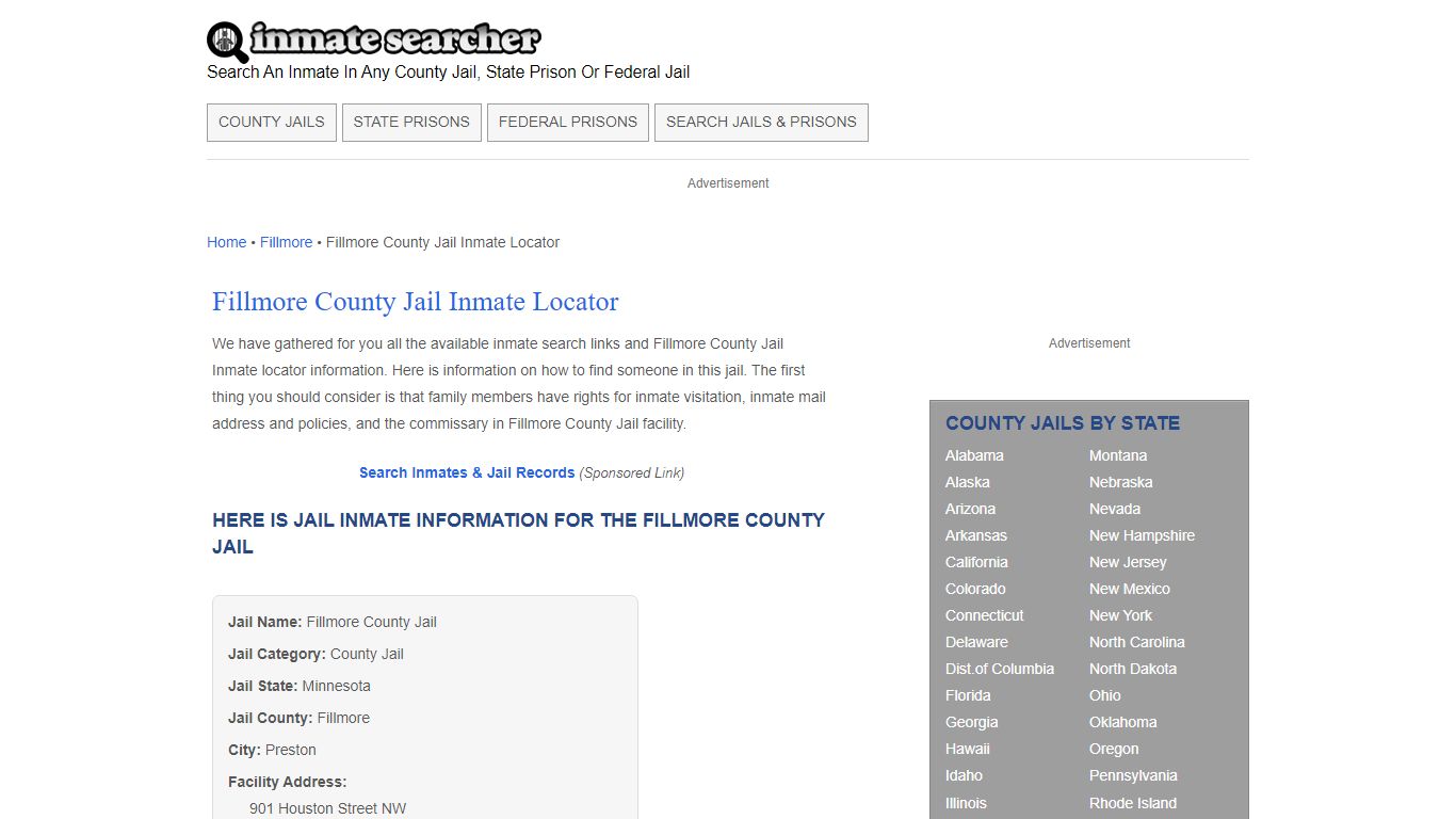 Fillmore County Jail Inmate Locator - Inmate Searcher